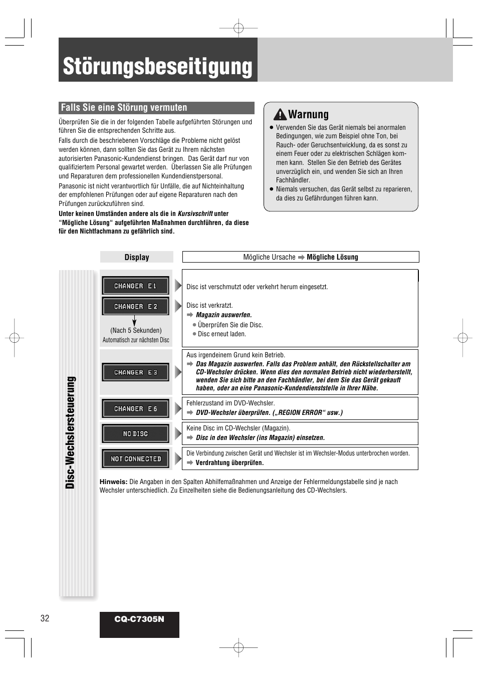 Störungsbeseitigung, Warnung, Disc-w echslersteuerung | Falls sie eine störung vermuten | Panasonic CQC7305N User Manual | Page 62 / 66