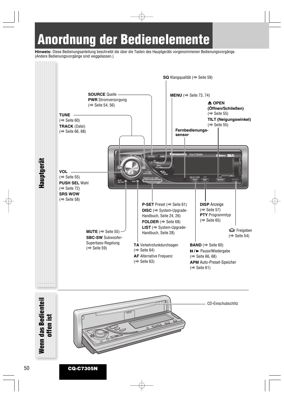 Anordnung der bedienelemente, Hauptgerät, Wenn das bedienteil offen ist | Panasonic CQC7305N User Manual | Page 8 / 66