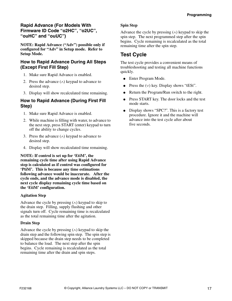 Rapid advance (for models with firmware id code, O2hc”, “o2uc”, “ouhc” and “ouuc”), Test cycle | Alliance Laundry Systems UW35B2 User Manual | Page 19 / 30
