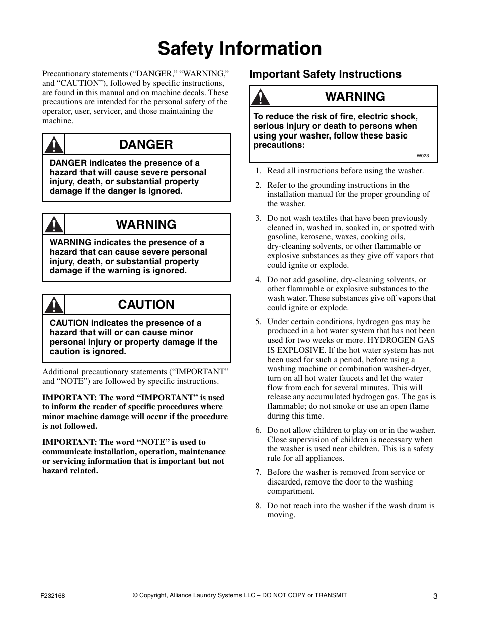 Safety information, Important safety instructions, Danger | Warning, Caution | Alliance Laundry Systems UW35B2 User Manual | Page 5 / 30