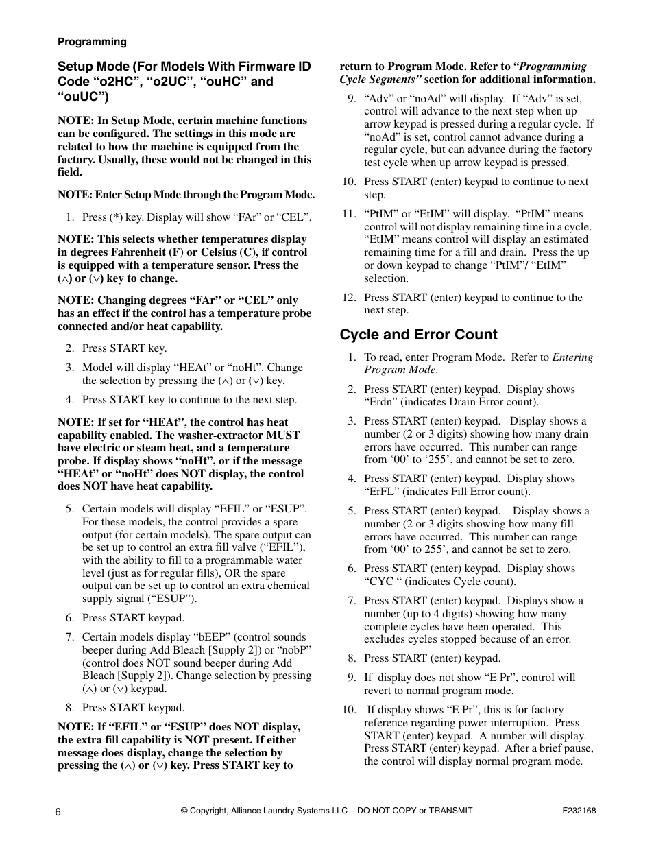 Setup mode (for models with firmware id code, O2hc”, “o2uc”, “ouhc” and “ouuc”), Cycle and error count | Alliance Laundry Systems UW35B2 User Manual | Page 8 / 30