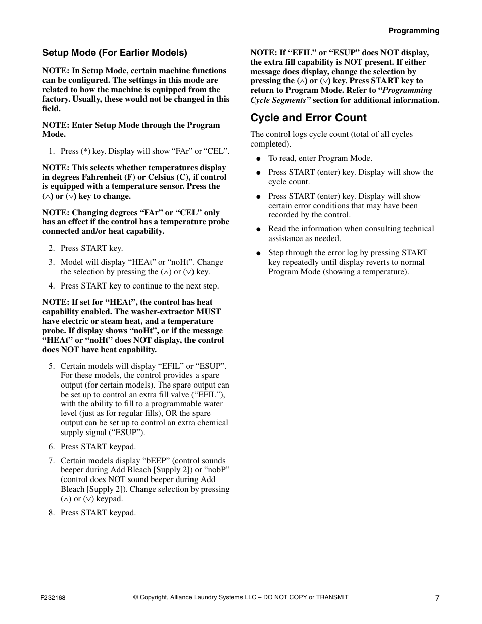 Setup mode (for earlier models), Cycle and error count | Alliance Laundry Systems UW35B2 User Manual | Page 9 / 30