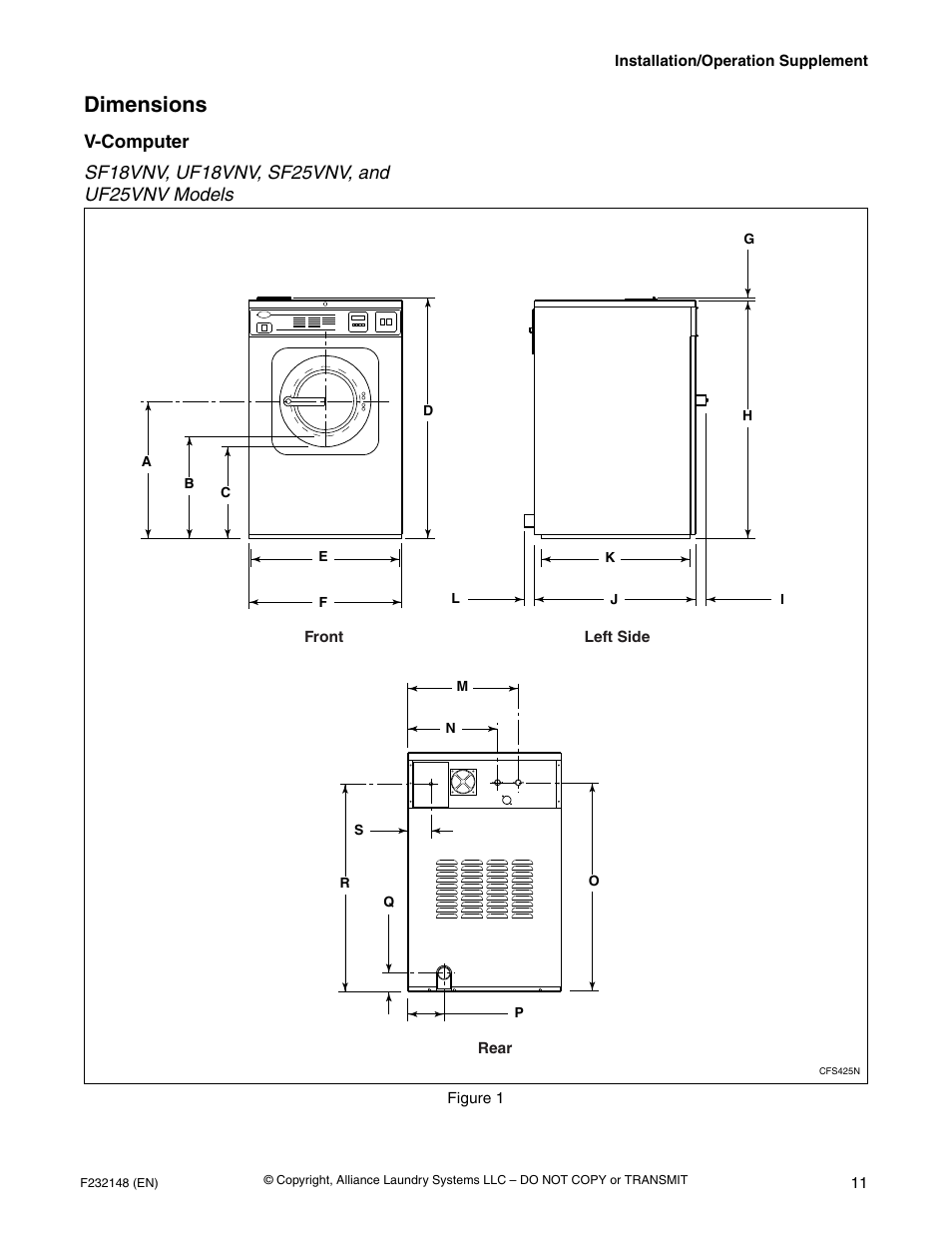 Dimensions, V-computer, Sf18vnv, uf18vnv, sf25vnv, and uf25vnv models | Figure 1 | Alliance Laundry Systems F232148 User Manual | Page 13 / 28