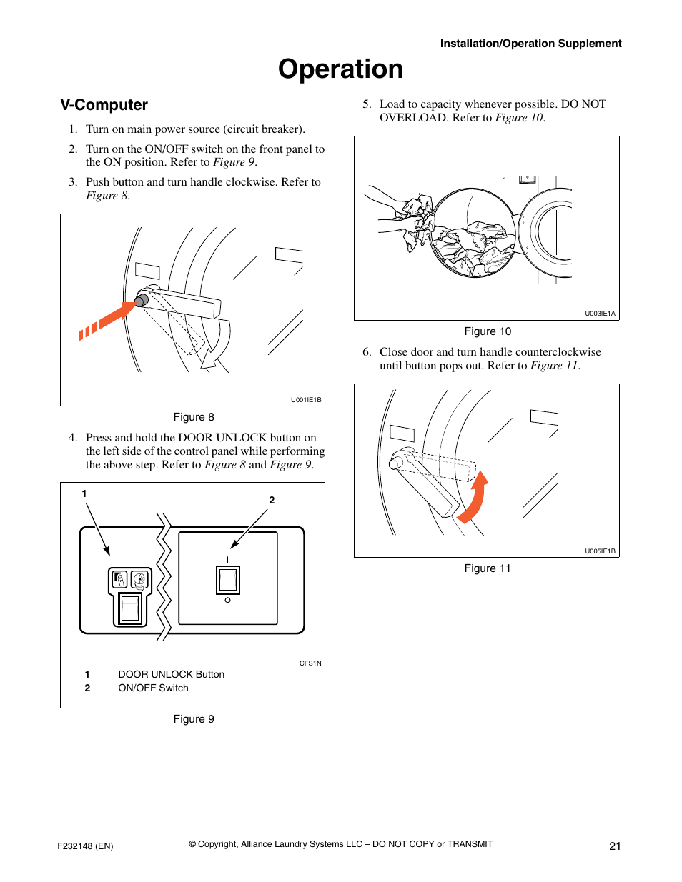 Operation, V-computer, Turn on main power source (circuit breaker) | Figure 8, Figure 9, Figure 10, Figure 11 | Alliance Laundry Systems F232148 User Manual | Page 23 / 28