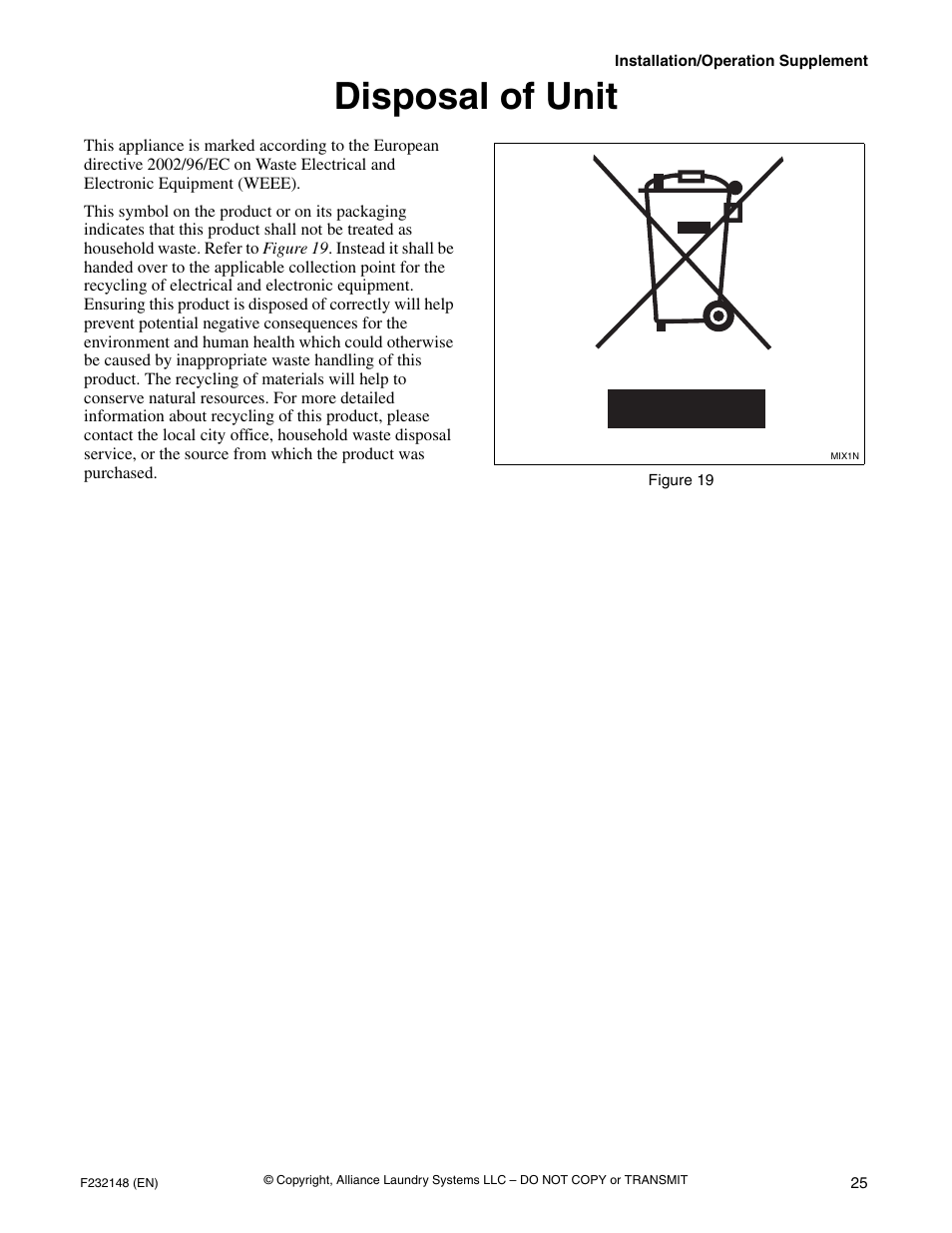 Disposal of unit, Figure 19 | Alliance Laundry Systems F232148 User Manual | Page 27 / 28