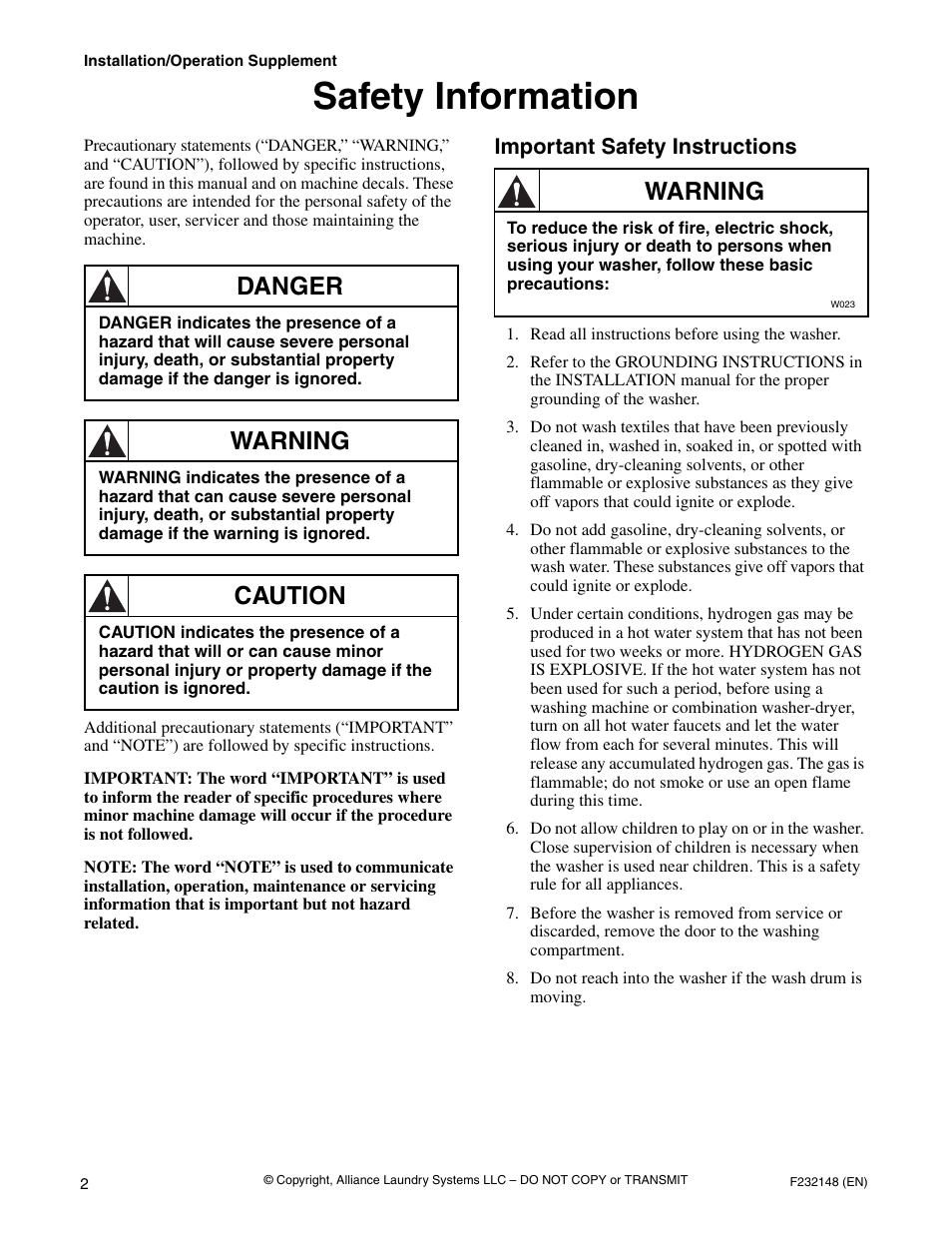 Safety information, Important safety instructions, Read all instructions before using the washer | Danger, Warning, Caution | Alliance Laundry Systems F232148 User Manual | Page 4 / 28