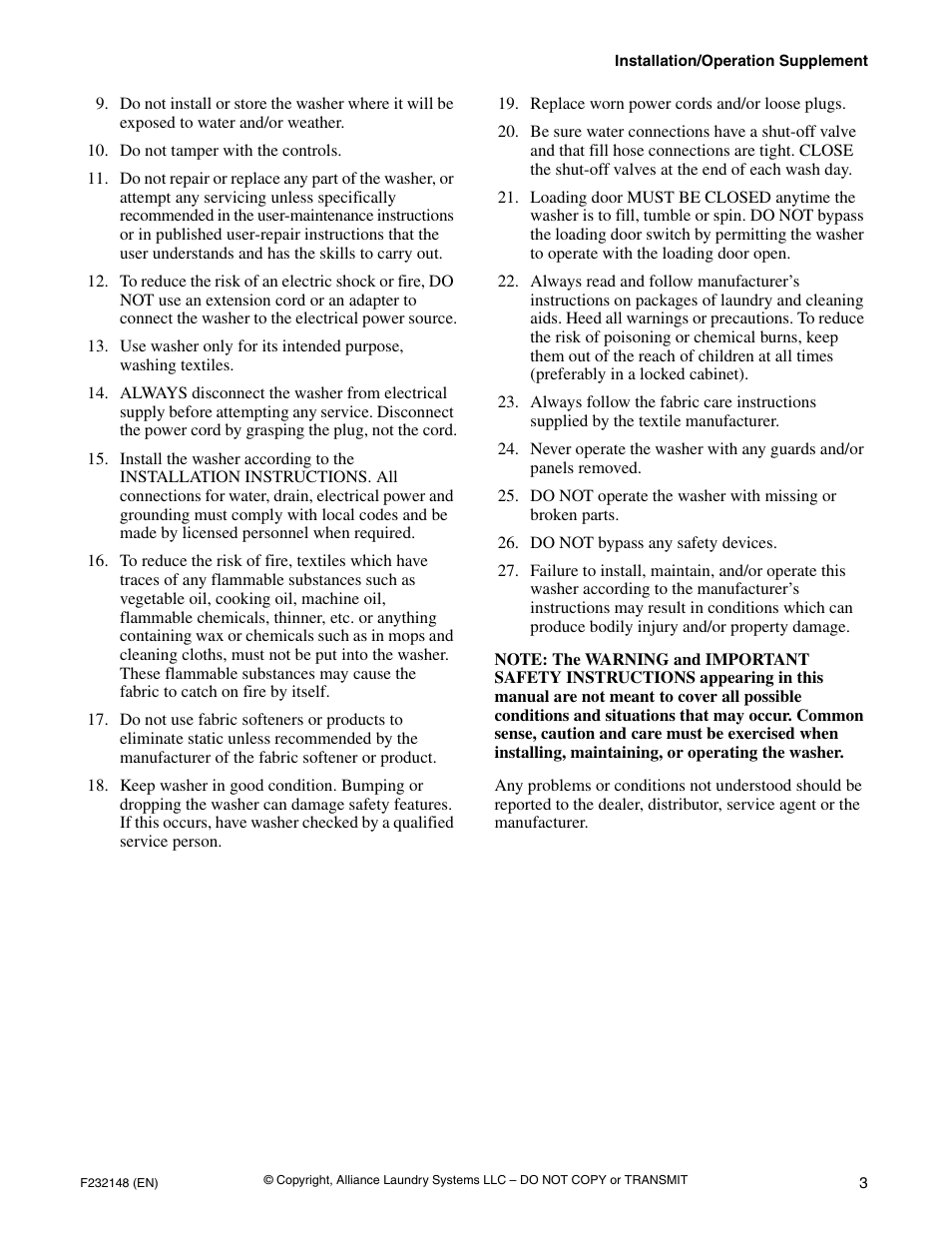 Do not tamper with the controls, Replace worn power cords and/or loose plugs, Do not bypass any safety devices | Alliance Laundry Systems F232148 User Manual | Page 5 / 28