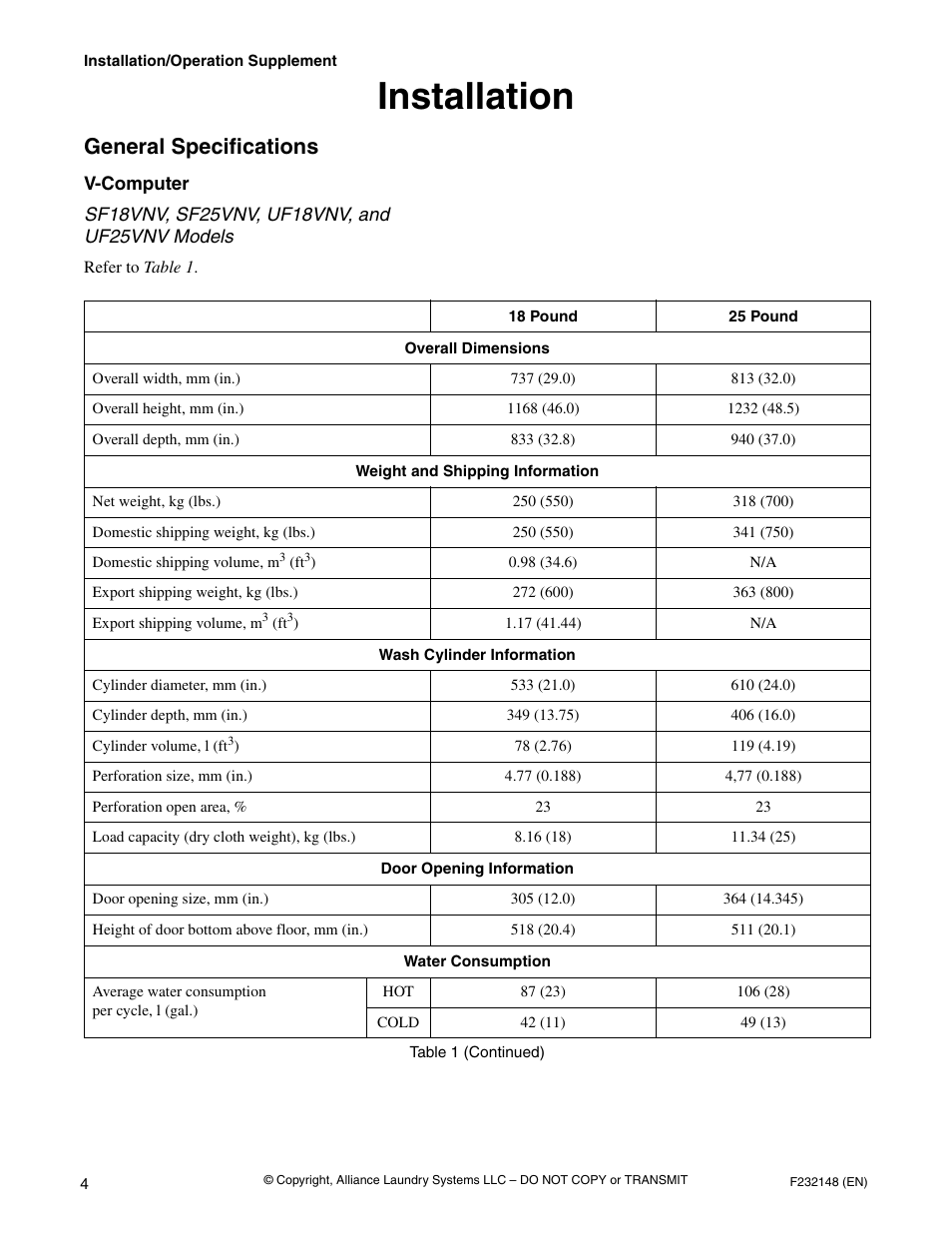 Installation, General specifications, V-computer | Sf18vnv, sf25vnv, uf18vnv, and uf25vnv models, Cold, Table 1 (continued) | Alliance Laundry Systems F232148 User Manual | Page 6 / 28