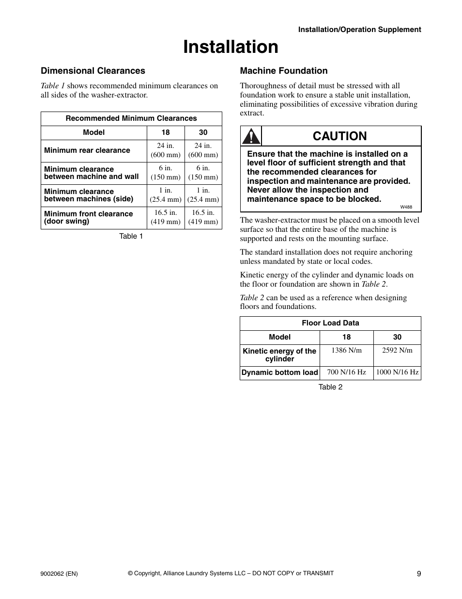Installation, Dimensional clearances, Machine foundation | Caution | Alliance Laundry Systems NX30BVPA6 User Manual | Page 11 / 18