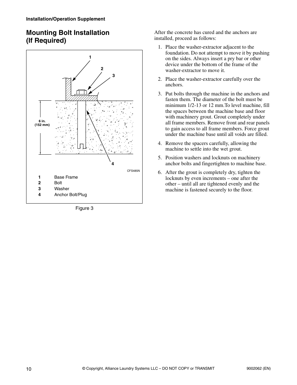 Mounting bolt installation (if required) | Alliance Laundry Systems NX30BVPA6 User Manual | Page 12 / 18