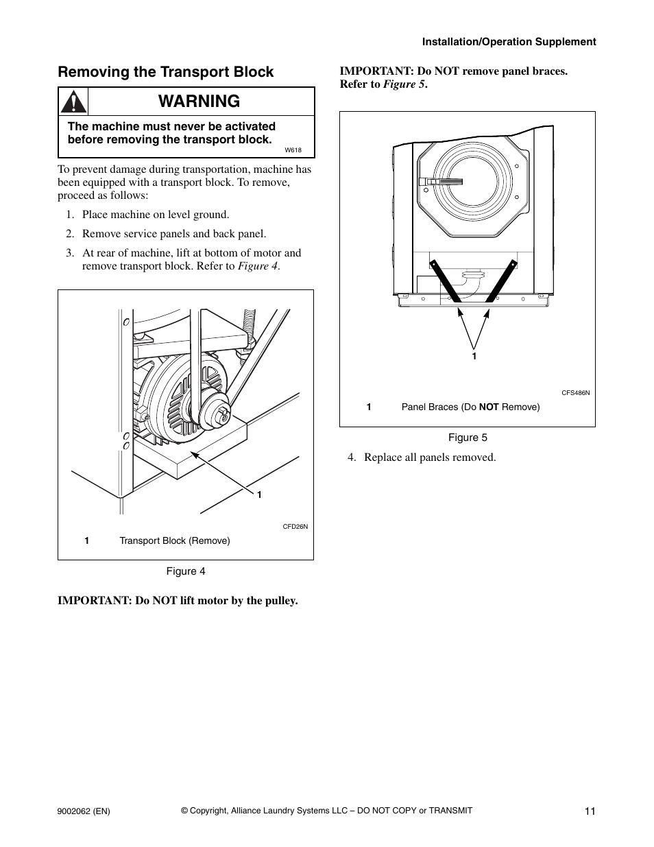 Removing the transport block, Warning | Alliance Laundry Systems NX30BVPA6 User Manual | Page 13 / 18