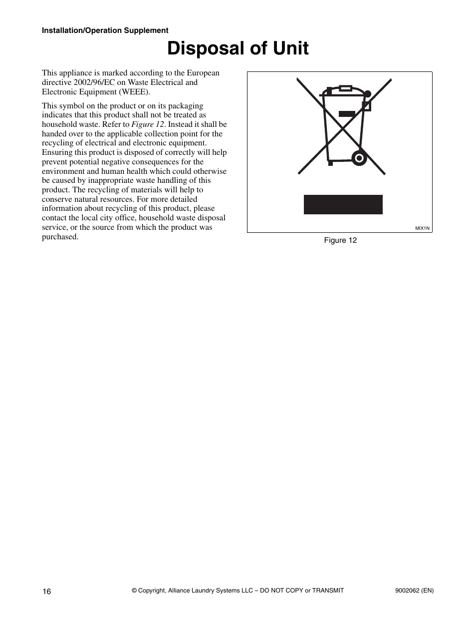 Disposal of unit | Alliance Laundry Systems NX30BVPA6 User Manual | Page 18 / 18