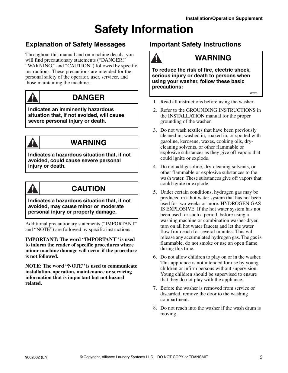 Safety information, Explanation of safety messages, Important safety instructions | Danger, Warning, Caution | Alliance Laundry Systems NX30BVPA6 User Manual | Page 5 / 18