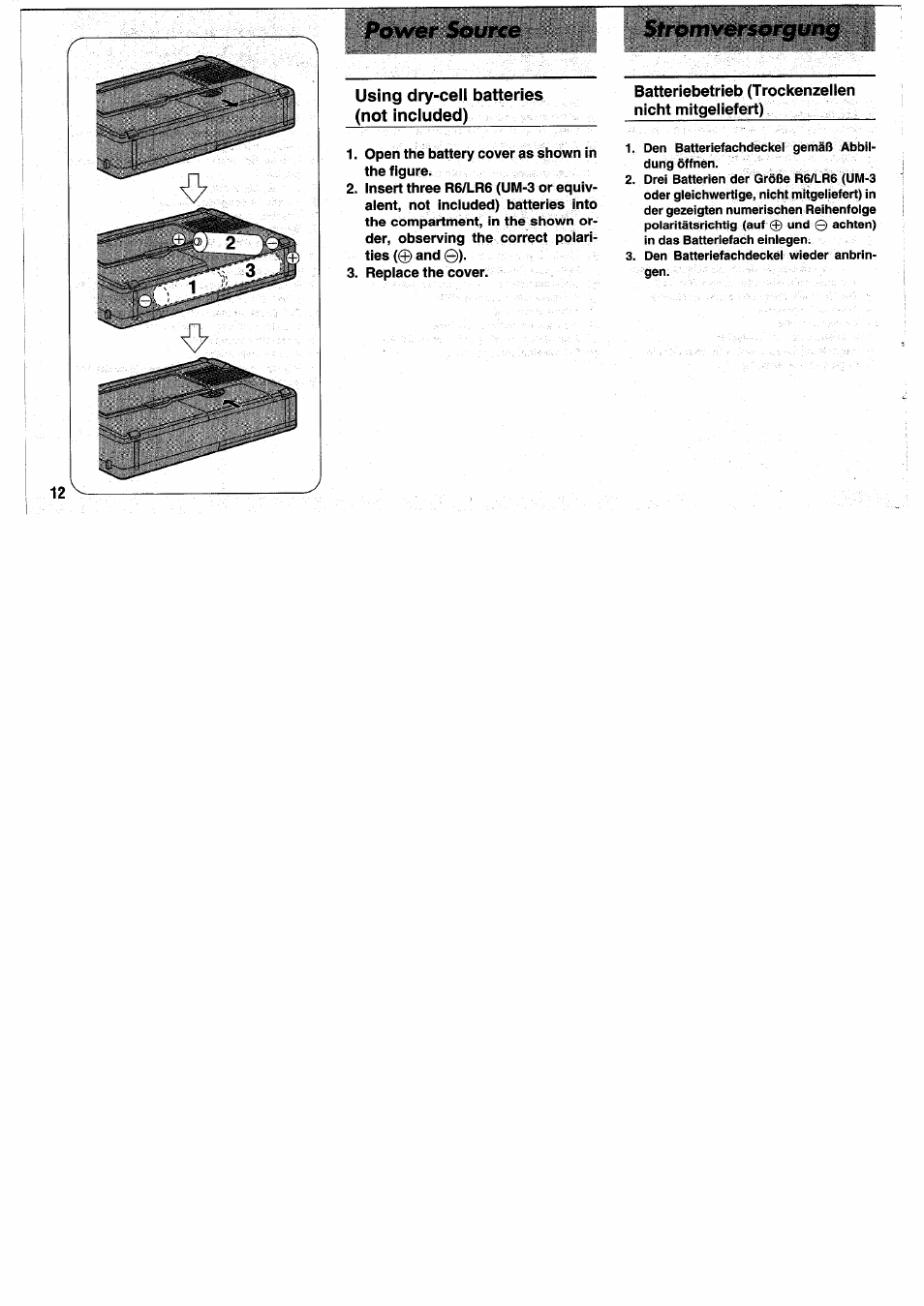Batteriebetrieb (trockenzeiten nicht mitgeiiefert), Power source, Stromversorgung | Panasonic RFB55 User Manual | Page 12 / 84