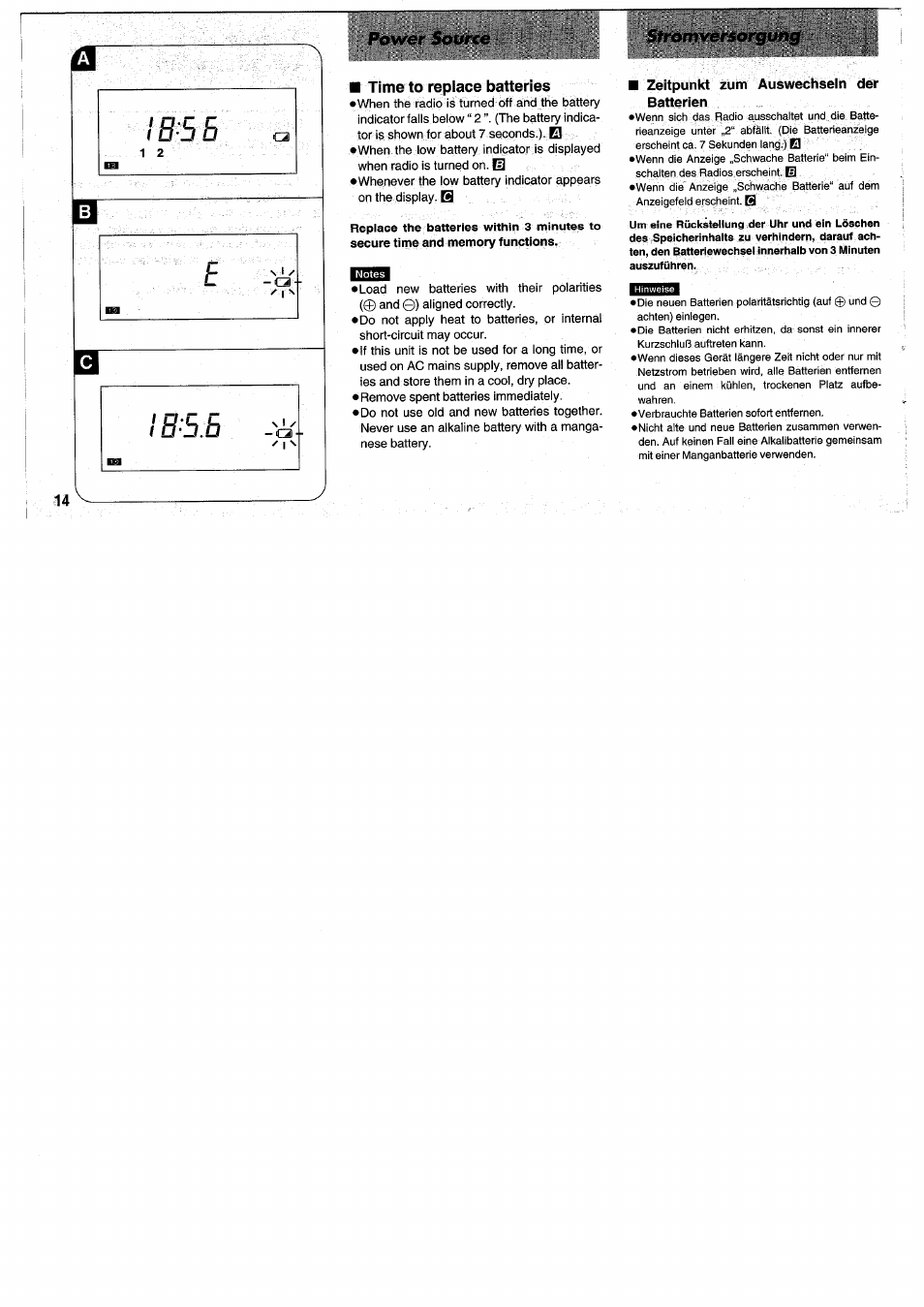 Time to replace batteries, Zeitpunkt zum auswechseln der batterien, Power source | Stromversorgung | Panasonic RFB55 User Manual | Page 14 / 84