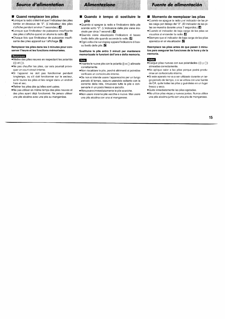 Quand remplacer les piles, Quando è tempo di sostituire le pile, Momento de reemplazar las pilas | Panasonic RFB55 User Manual | Page 15 / 84