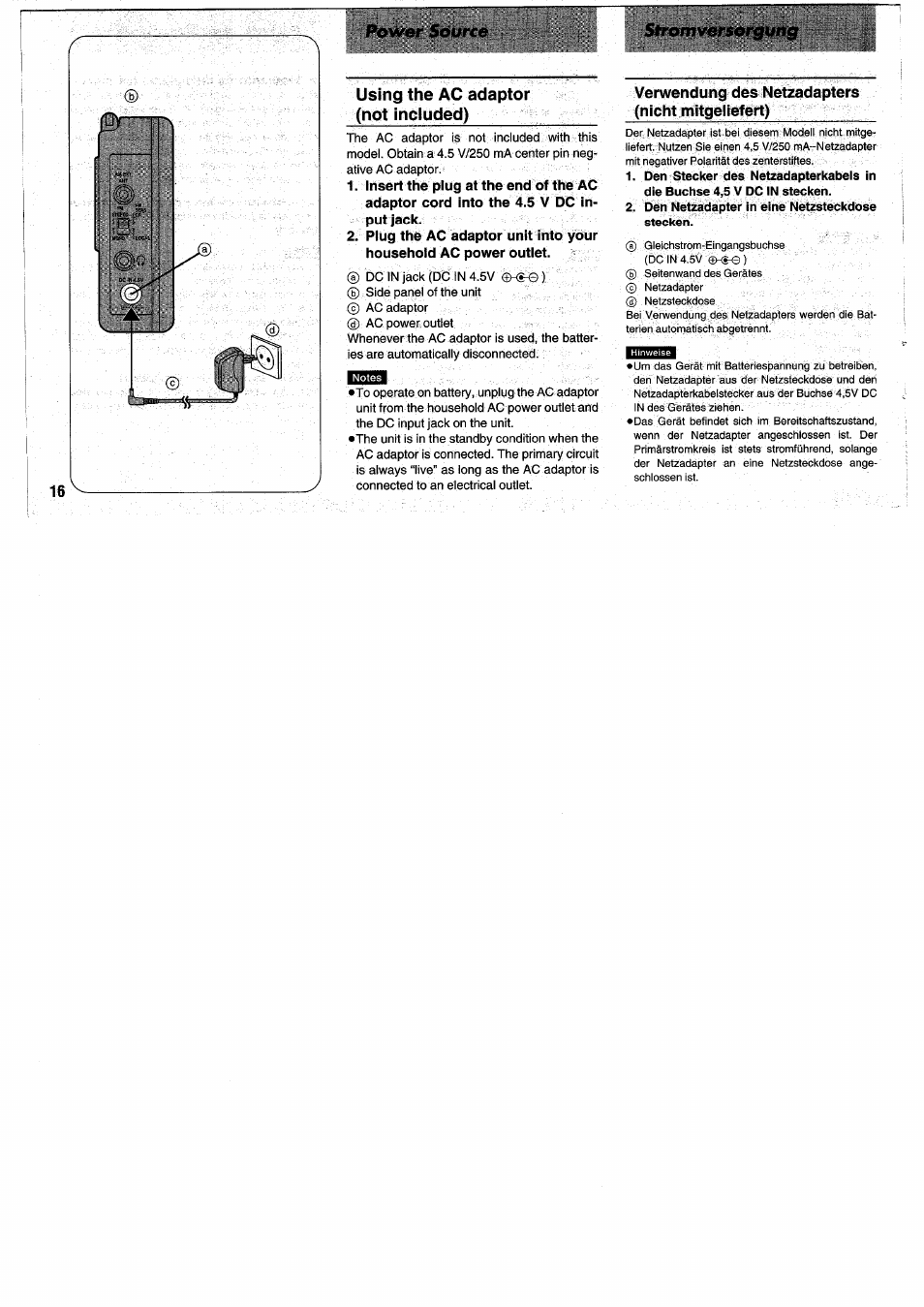 Verwendung des netzadapters (nicht mitgeliefert), Den netzadapter in eine netzsteckdose stecken | Panasonic RFB55 User Manual | Page 16 / 84