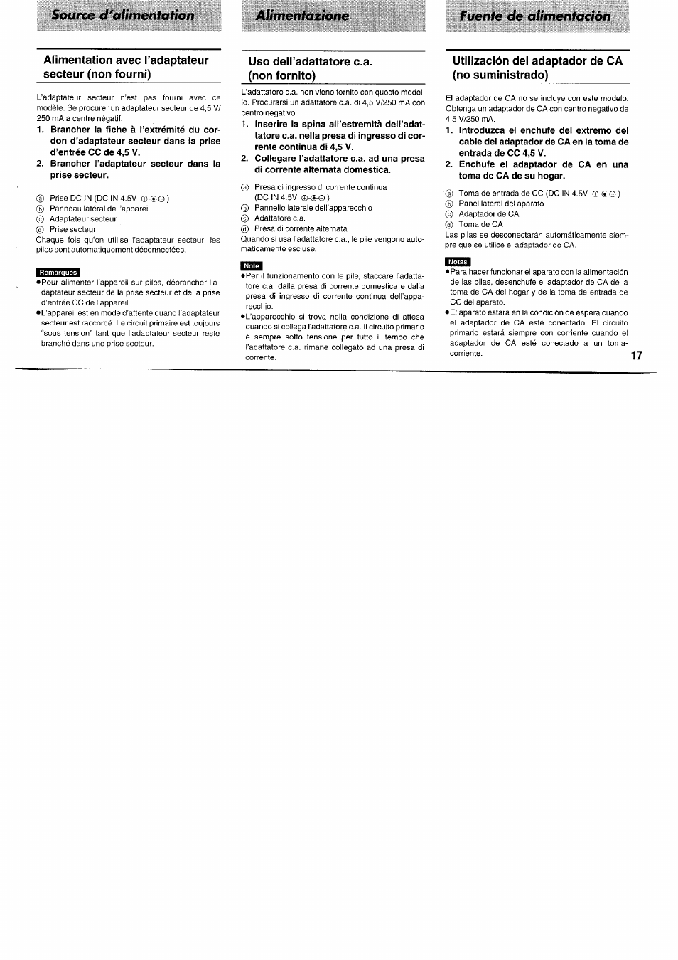 Uso dell’adattatore c.a, Non fornito), Utilización del adaptador de ca (no suministrado) | Panasonic RFB55 User Manual | Page 17 / 84