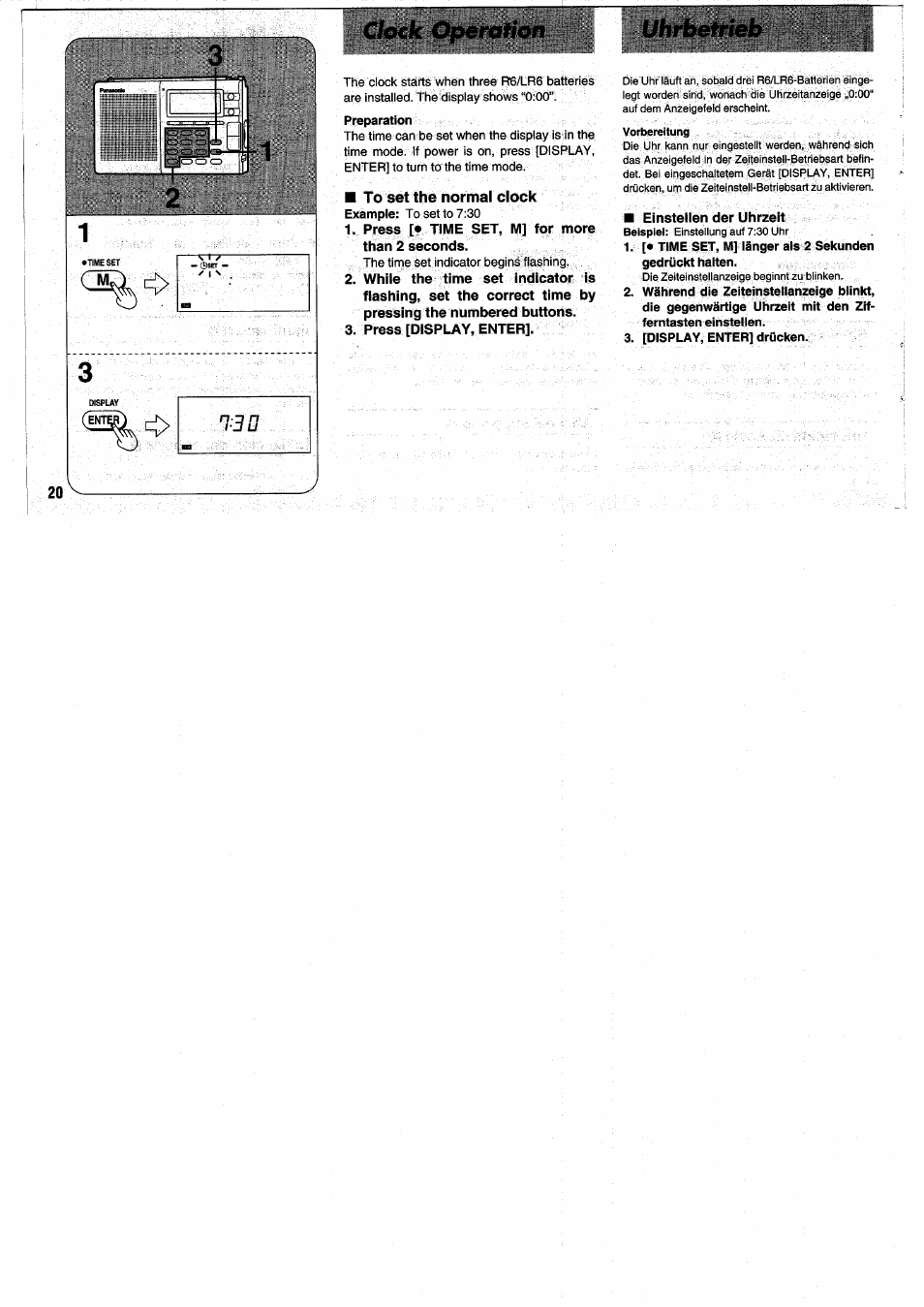 To set the normal clock, Press [• time set, m] for more than 2 seconds, Press [display, enter | Einstelien der uhrzeit, [display, enter] drücken, Clock operation uhrbetrieb | Panasonic RFB55 User Manual | Page 20 / 84