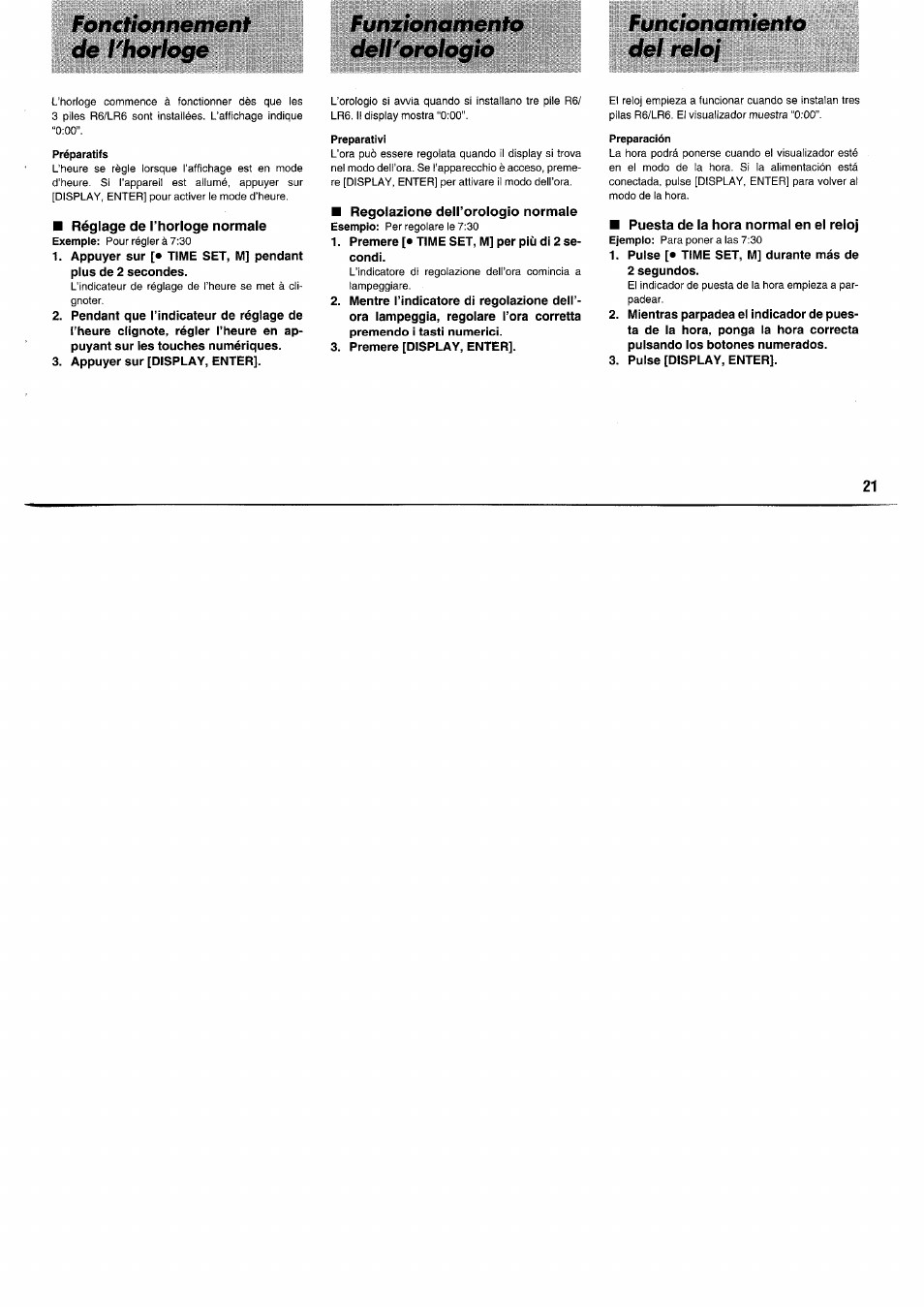 Réglage de l’horloge normale, Appuyer sur [display, enter, Regolazione dell’orologio normale | Premere [• time set, m] per più di 2 secondi, Premere [display, enter, Puesta de la hora normal en el reloj, Pulse [• time set, m] durante más de 2 segundos, Pulse [display, enter | Panasonic RFB55 User Manual | Page 21 / 84