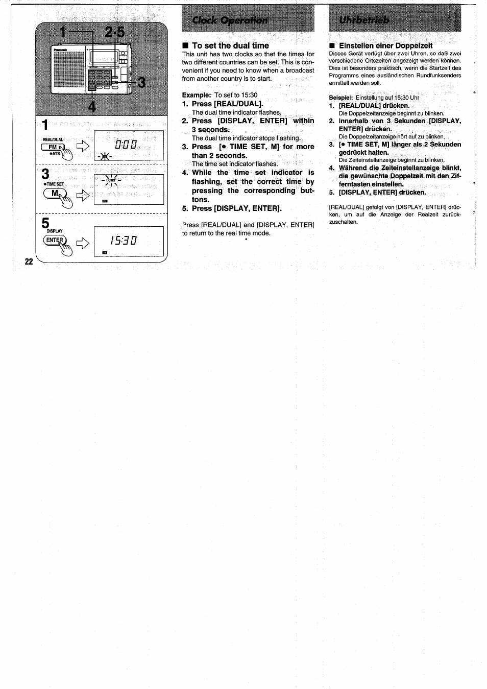 To set the dual time, [reaudual] drücken, Innerhalb von 3 sekunden [display, enter] drücken | [display, enter] drücken, Ë iri | Panasonic RFB55 User Manual | Page 22 / 84