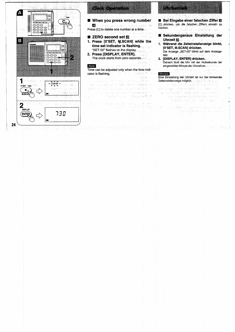When you press wrong number, Zero second set m, Press [display, enter | Bei eingabe einer falschen ziffer q, Sekundengenaue einstellung der uhrzeit m | Panasonic RFB55 User Manual | Page 24 / 84