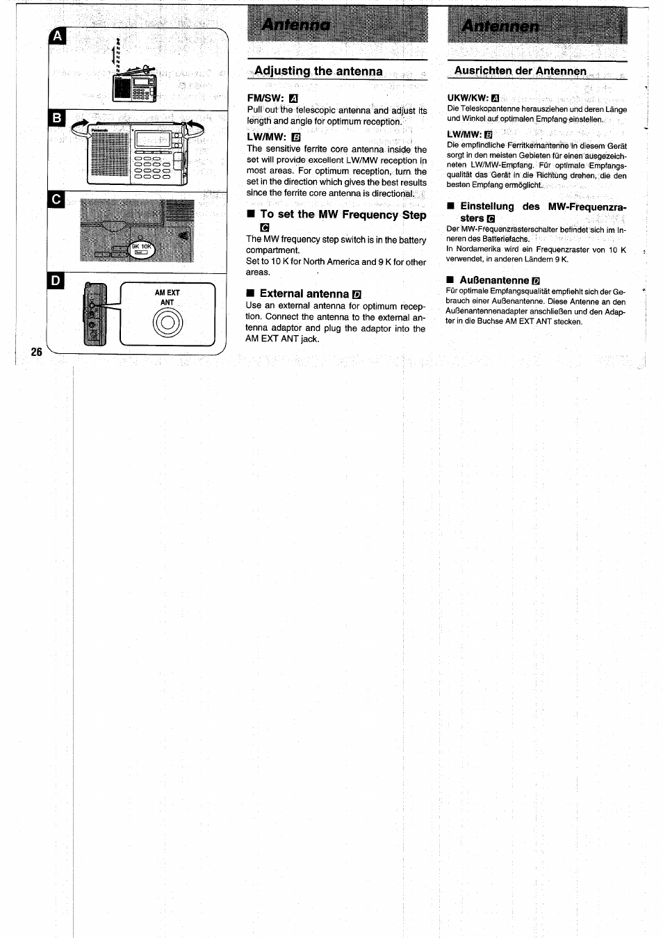 Fm/sw: 0, Lw/mw: b, To set the mw frequency step b | External antenna b, Ausrichten der antennen, Ukw/kw:0, Lw/mw: m, Einstellung des mw-frequenzra- sters b, Außenantenne b, Antenna | Panasonic RFB55 User Manual | Page 26 / 84