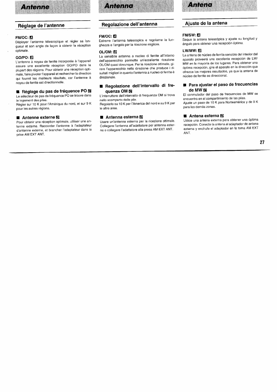 Regolazione dell’antenna, Ajuste de la antena, Fm/oc: 0 | Go/po: m, Réglage du pas de fréquence po b, Antenne externe b, Ol/om: m, Regolazione deirintervallo di frequenza om e, Antenna esterna b, Fm/sw: 0 | Panasonic RFB55 User Manual | Page 27 / 84