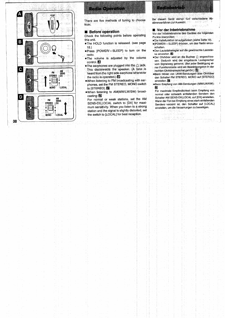 Vor der inbetriebnahme, Radio operation | Panasonic RFB55 User Manual | Page 30 / 84