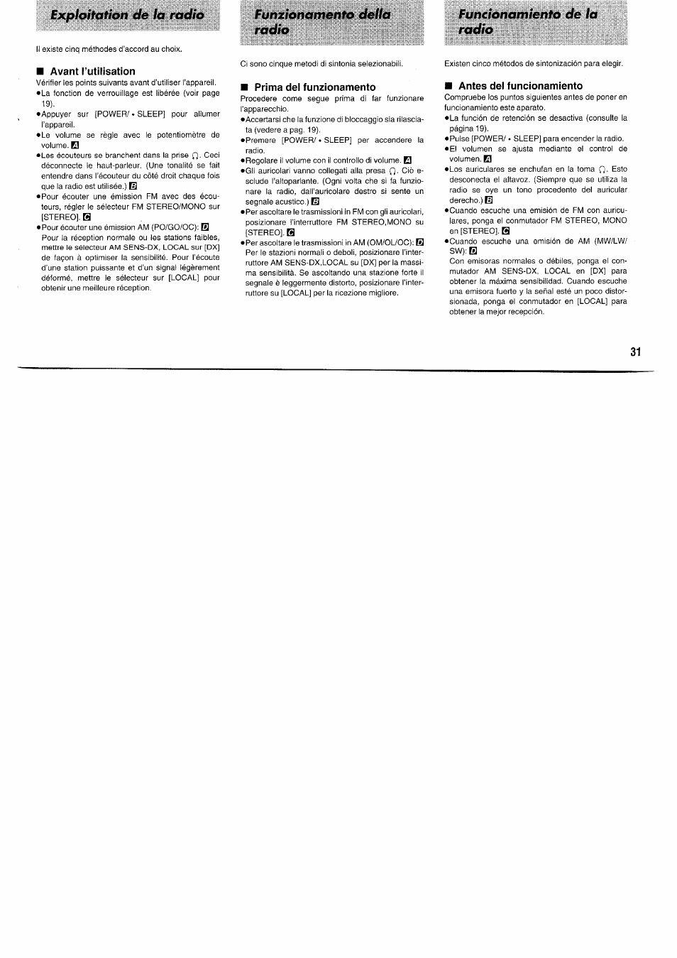 Avant l’utilisation, Prima del funzionamento, Antes del funcionamiento | Exploitation de la radio, Funzionamento della radio, Funcionamiento de la radio | Panasonic RFB55 User Manual | Page 31 / 84