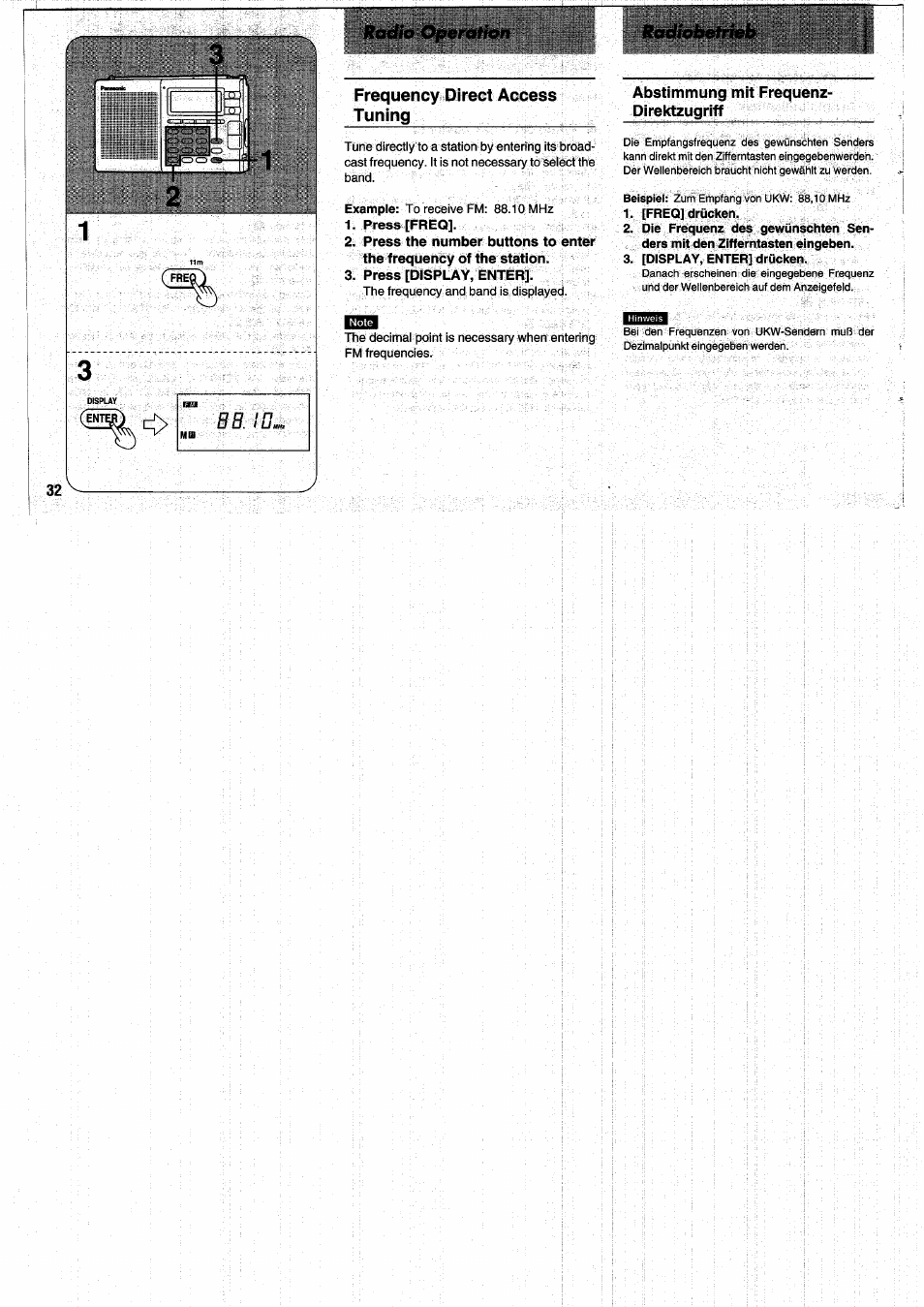 Press [freq, Press [display, enter, Abstimmung mit frequenz- direktzugriff | [freq] drücken, [display, enter] drücken | Panasonic RFB55 User Manual | Page 32 / 84