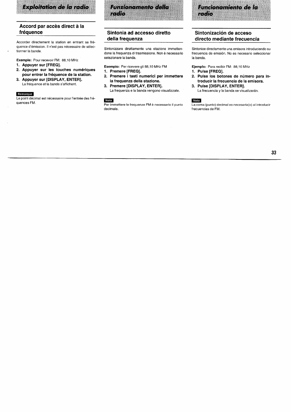 Accord par accès direct à la fréquence, Appuyer sur [freq, Appuyer sur [display, enter | Sintonia ad accesso diretto della frequenza, Pulse [freo, Pulse [display, enter | Panasonic RFB55 User Manual | Page 33 / 84