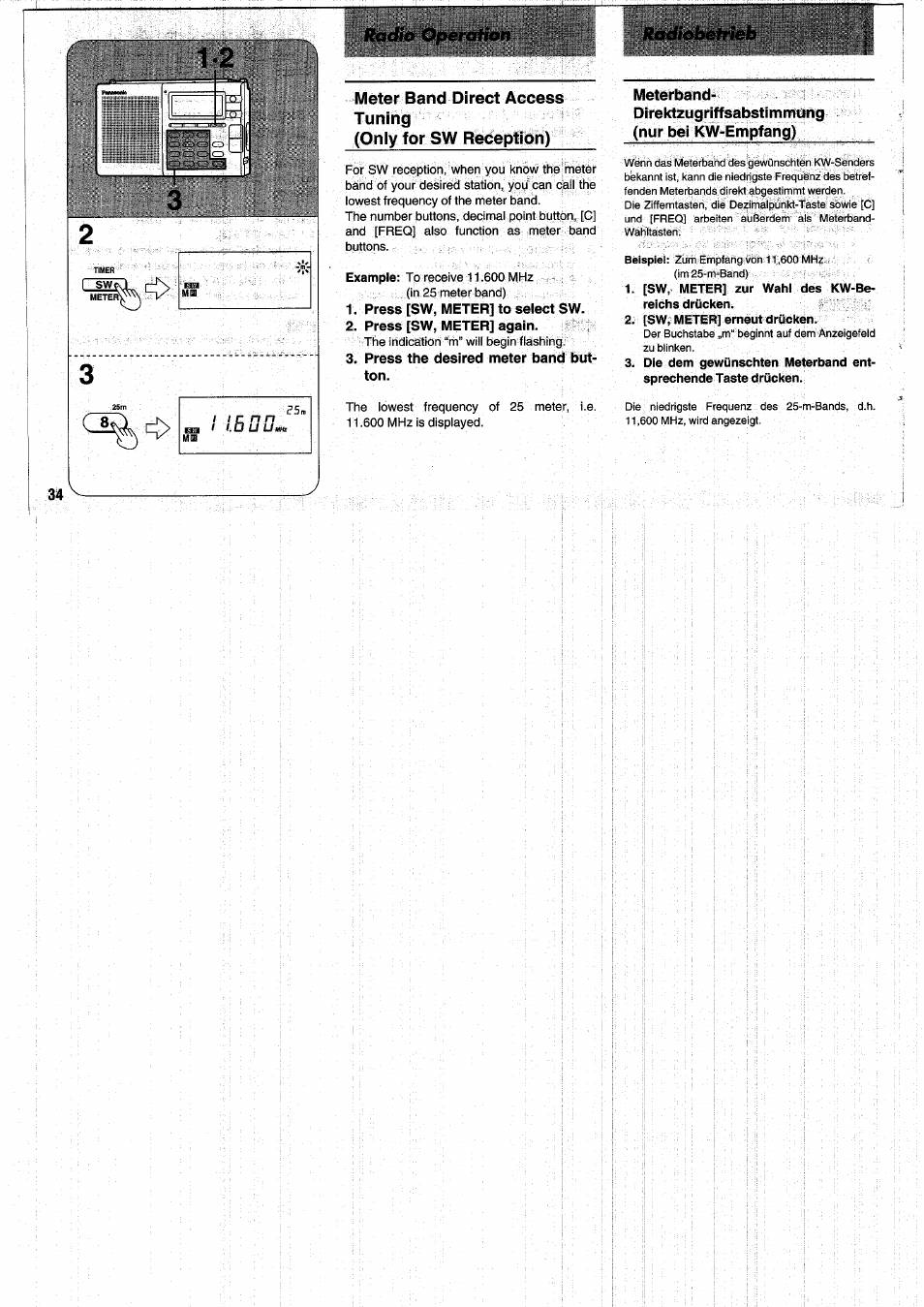 Press [sw, meter] to select sw, Press [sw, meter] again, Press the desired meter band button | Meterband, Direktzugriffsabstimmung (nur bei kw-empfang), [sw, meter] zur wahl des kw-be- reichs drücken, [sw, meter] erneut drücken | Panasonic RFB55 User Manual | Page 34 / 84