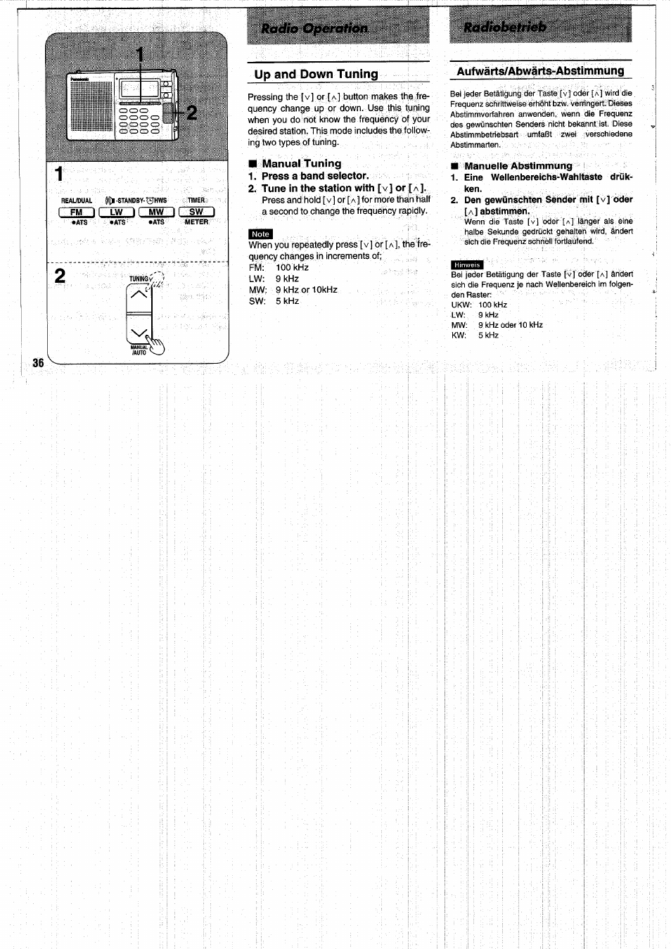 Manual tuning, Press a band selector, Aufwärts/abwärts-abstimmung | Radio operation ra, Up and down tuning, Radiobetrieb | Panasonic RFB55 User Manual | Page 36 / 84