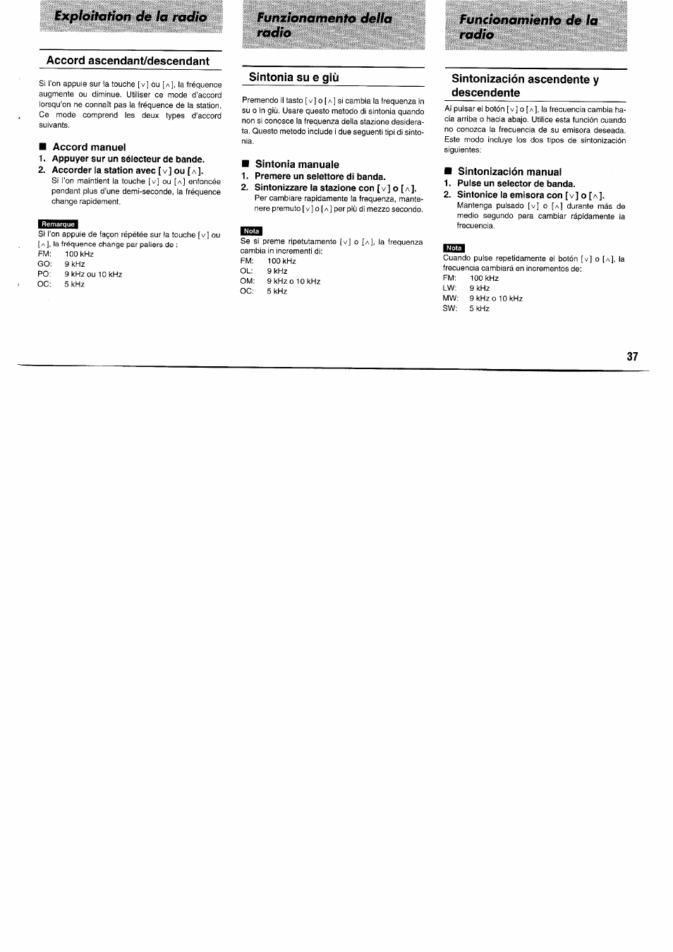 Accord ascendant/descendant, Accord manuel, Appuyer sur un sélecteur de bande | Accorder la station avec [ v ] ou [ л, Sintonia su e giù, Sintonia mannaie, Premere un selettore di banda, Sintonizzare la stazione con [v] o [a, Sintonización ascendente у descendente, Sintonización manual | Panasonic RFB55 User Manual | Page 37 / 84