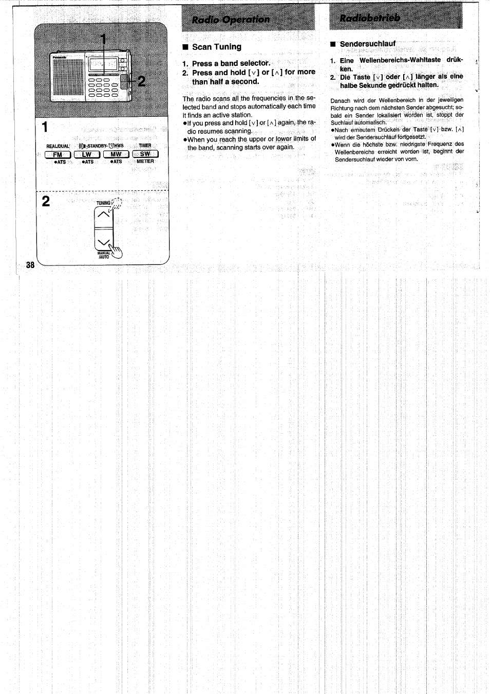 Scan tuning, Press a band selector, Sendersuchlauf | Eine, Wellenbereichs-wahltaste drük, Radio, Radiobetrieb | Panasonic RFB55 User Manual | Page 38 / 84