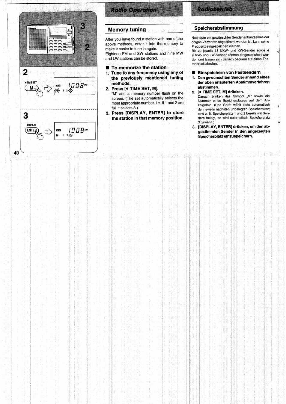 To memorize the station, Press [• time set, m, Speicherabstimmung | Einspelghern von festsendern, [• time set, m] drücken, Radio operation, Radiobetrieb | Panasonic RFB55 User Manual | Page 40 / 84