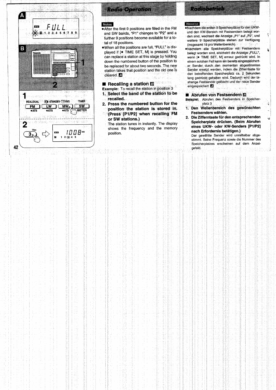 Recalling a station m, Radio operation, Radiobetneb | Panasonic RFB55 User Manual | Page 42 / 84