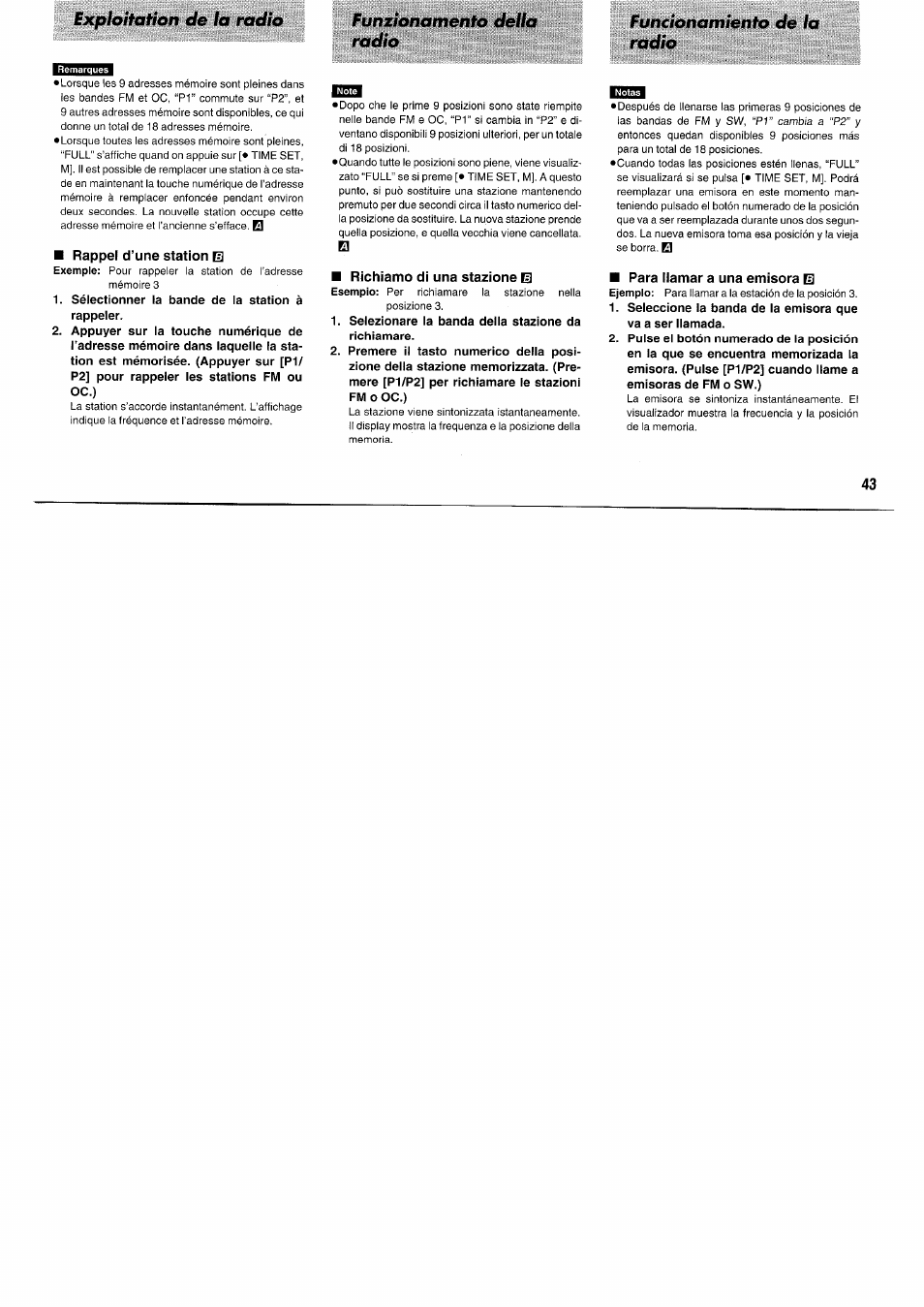 Rappel d’une station el, Sélectionner la bande de la station à rappeler, Richiamo di una stazione q | Selezionare la banda della stazione da richiamare, Para llamar a una emisora q | Panasonic RFB55 User Manual | Page 43 / 84