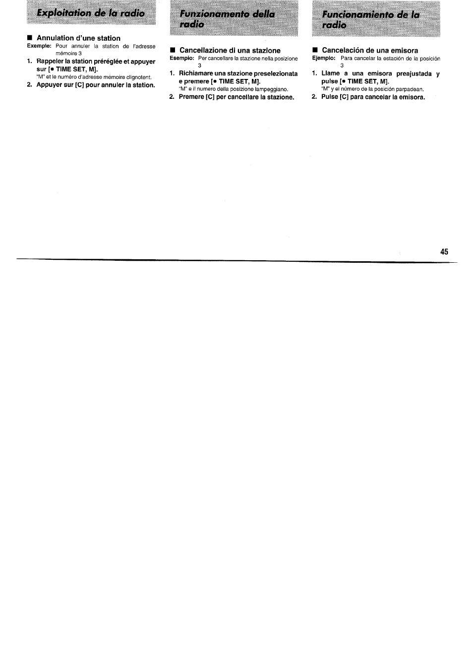 Annulation d’une station, Cancellazione di una stazione, Cancelación de una emisora | Exploitation de la radio, Funzionamento della radio, Funcionamiento de la radio | Panasonic RFB55 User Manual | Page 45 / 84