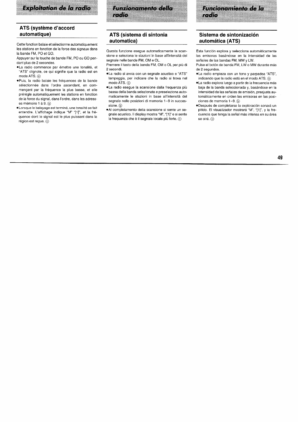 Exploitation de la radio, Funzionamento della radio, Funcionamiento de la radio | Ats (système d’accord automatique), Ats (sistema di sintonia automatica), Sistema de sintonización automática (ats) | Panasonic RFB55 User Manual | Page 49 / 84