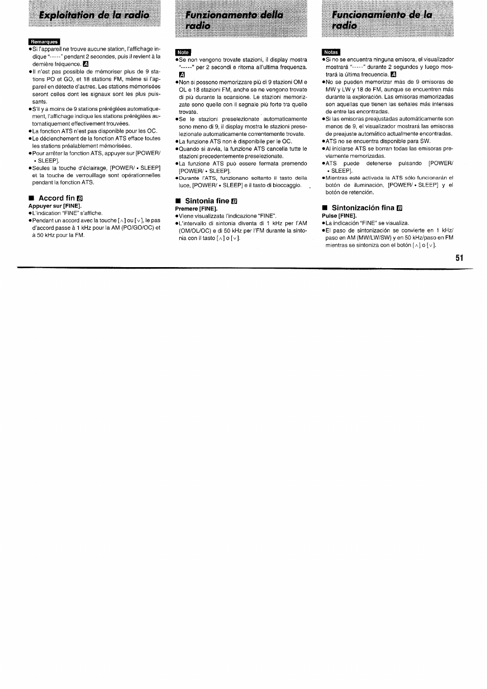 Accord fin e, Sintonia fine h, Sintonización fina e | Exploitation de io radio, Funzionamento della radio, Funcionamiento de la radio | Panasonic RFB55 User Manual | Page 51 / 84