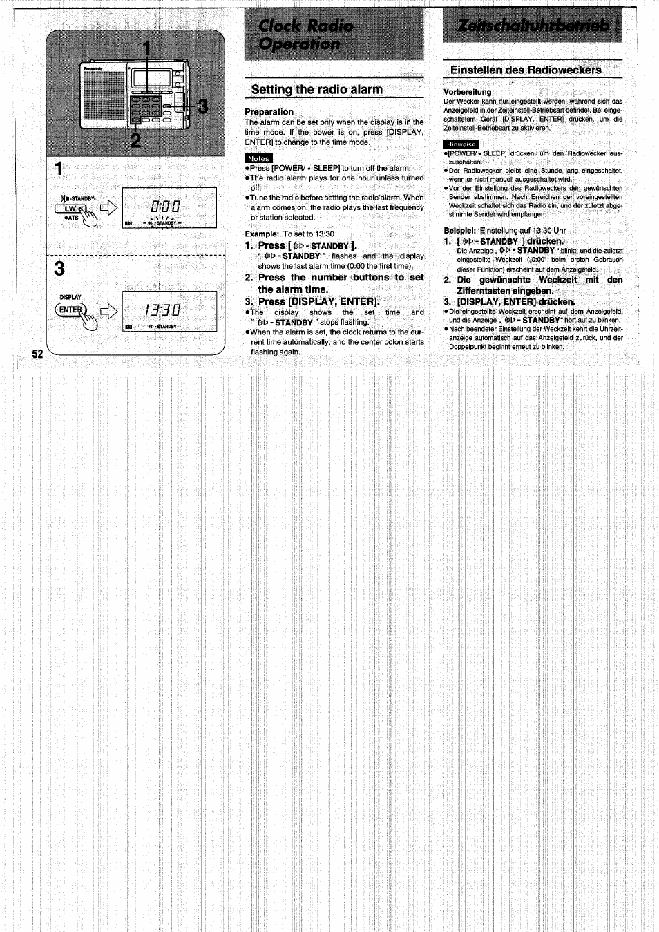 Preparation, Press [ ((«b- standby, Press the number buttons to set the alarm time | Press [display, enter, Einstellen des radioweckers, [display, enter] drücken, Setting the radio alarm, Press [ ((«b | Panasonic RFB55 User Manual | Page 52 / 84