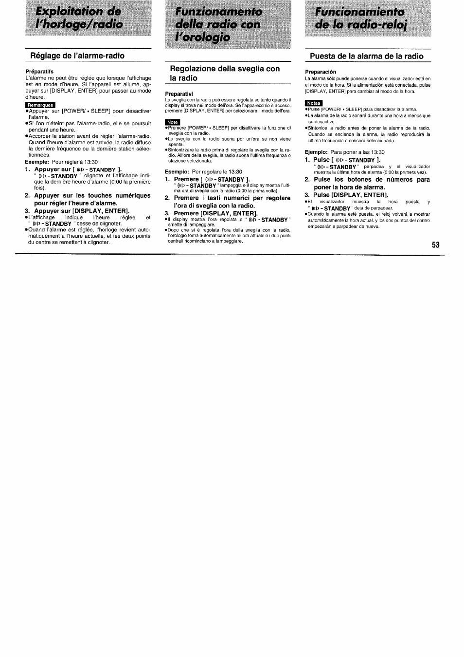 Réglage de l’alarme-radio, Regolazione della sveglia con la radio, Puesta de la alarma de la radio | Exploitation de l'horloge/radio, Funzionamento della radio con l'orologio, Funcionamiento de la radio-reloj | Panasonic RFB55 User Manual | Page 53 / 84
