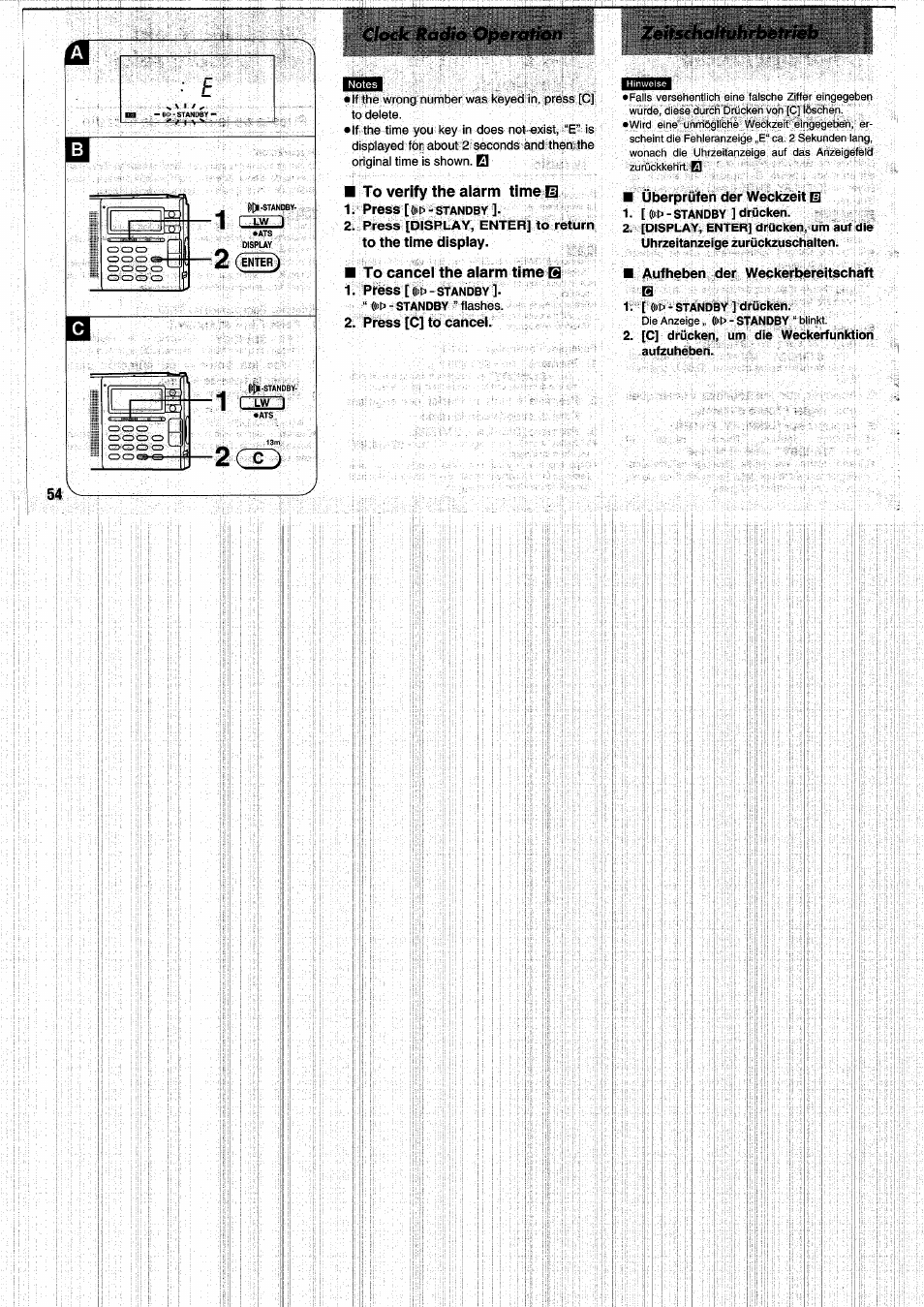 To verify the alarm time id, To the time display, To cancel the alarm time b | Press [ ((i p - standby, Press [c] to cancel, Überprüfen der weckzeit 0, Aufheben der weckerbereitschaft b | Panasonic RFB55 User Manual | Page 54 / 84