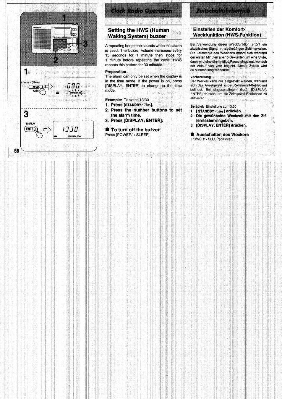 Press the number buttons to set the alarm time, Press [display, enter, H to turn off the bu2zer | [display, enter] drücken, Tt ausschalten des weckers, Setting the hws (human waking system) buzzer | Panasonic RFB55 User Manual | Page 56 / 84