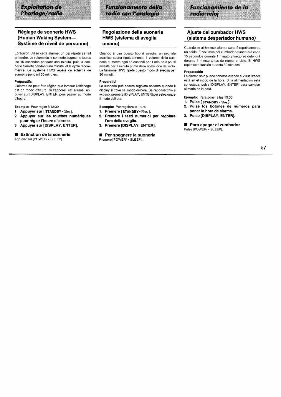 1 appuyer sur [standby, 3 appuyer sur [display, enter, Extinction de ia sonnerie | Premere [standby, Premere [display, enter, Per spegnere la suoneria, Pulse [display, enter, Para apagar el zumbador | Panasonic RFB55 User Manual | Page 57 / 84