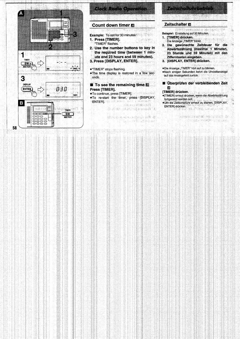 Press [timer, Press [display, enter, To see the remaining time e3 press [timer | Zeitschalter q, [timer] drücken, [display, enter] drücken | Panasonic RFB55 User Manual | Page 58 / 84