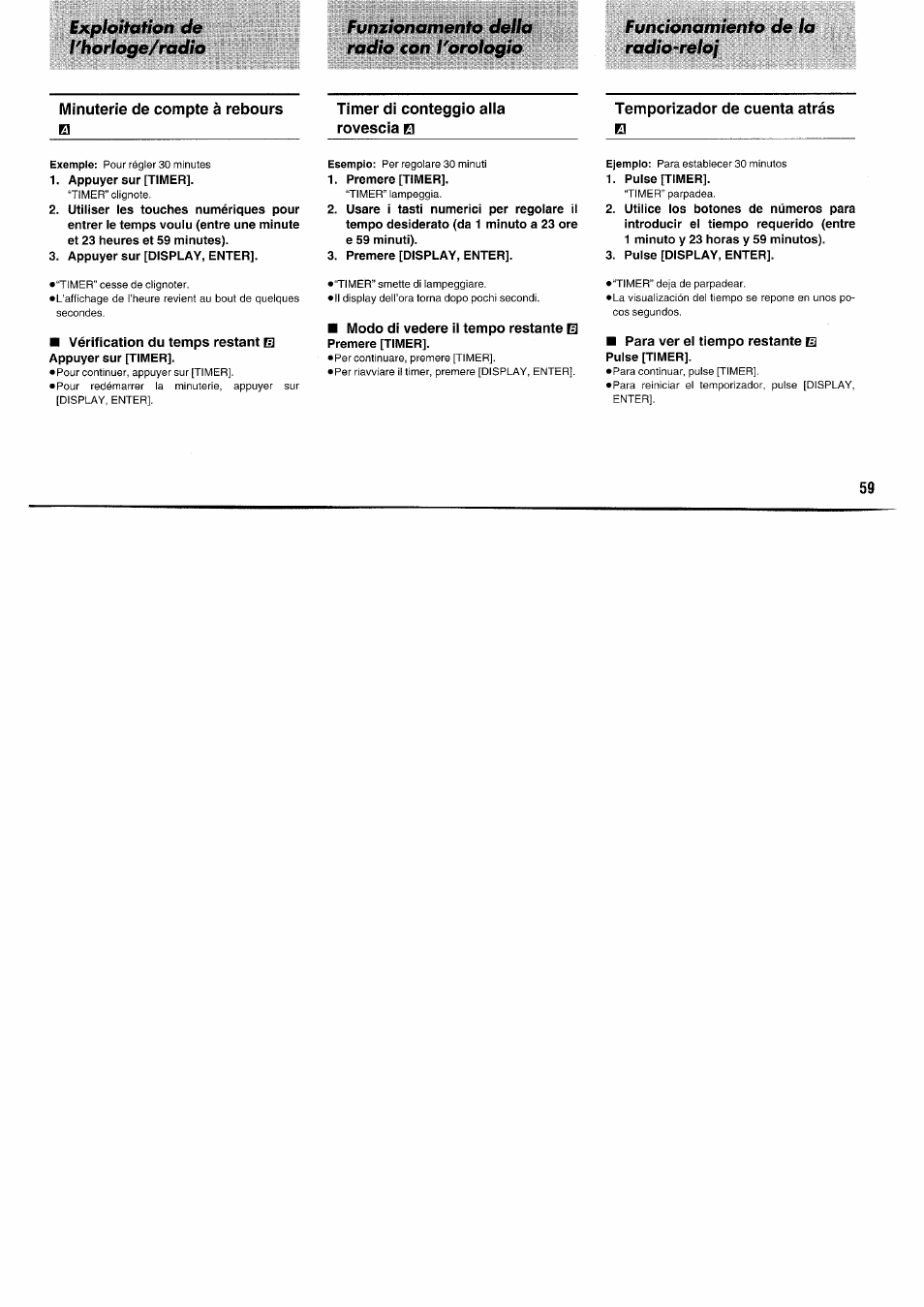 Minuterie de compte à rebours b, Temporizador de cuenta atrás b, Etat de la minuterie de compte à rebours | Panasonic RFB55 User Manual | Page 59 / 84