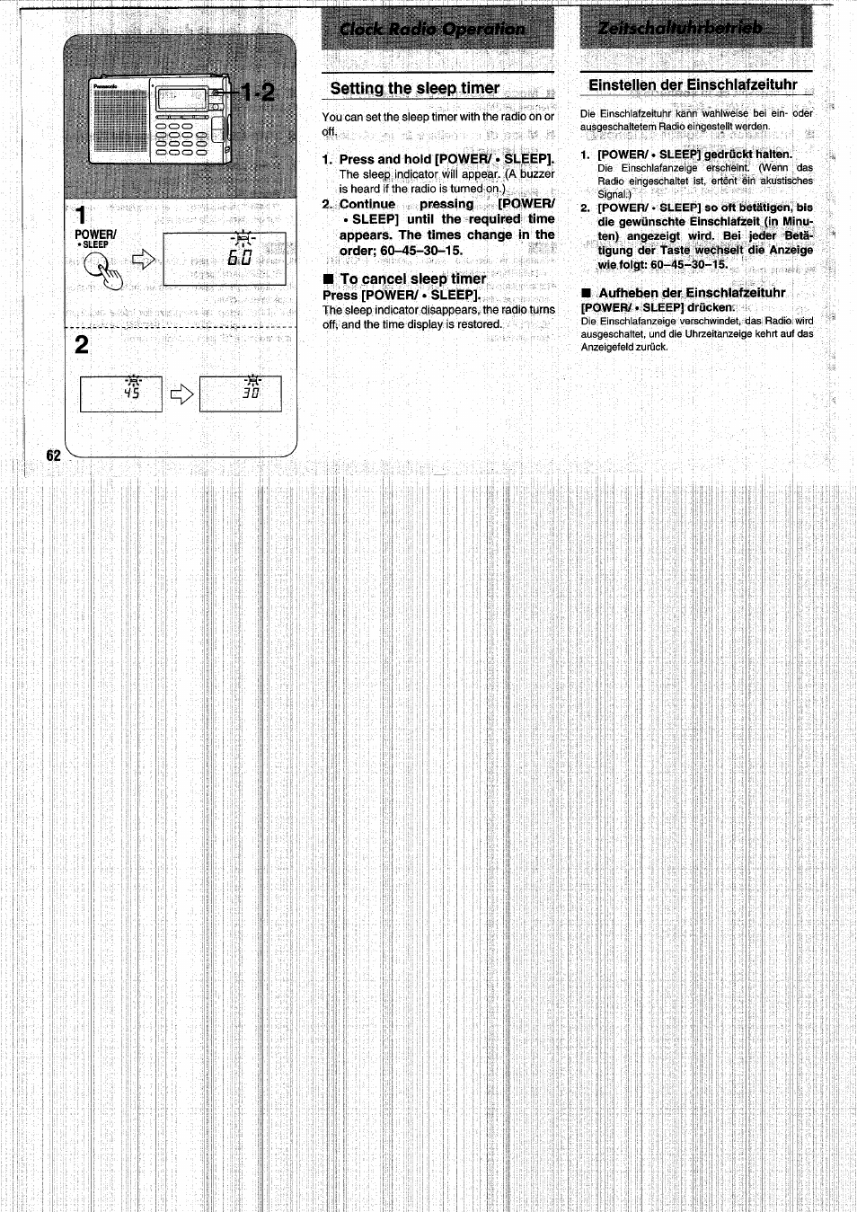 Press and hold [power/ • sleep, To cancel sleep timer, Einstellen der einschlafzeituhr | [power/ • sleep] gedrückt halten, Setting the sleep timer | Panasonic RFB55 User Manual | Page 62 / 84